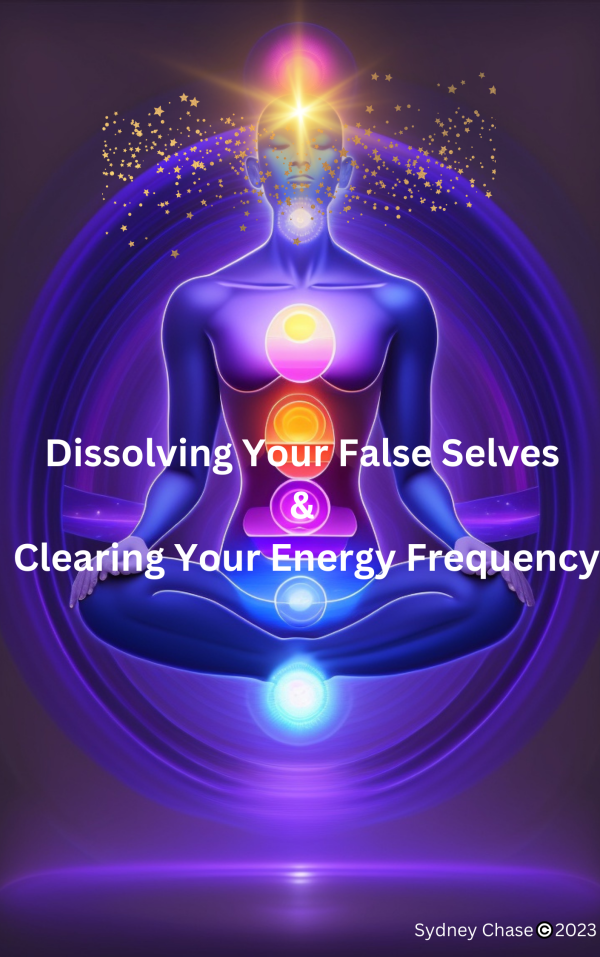 Blue-Purple Being in Lotus position meditating with chakras highlighted and Title of book Dissolving Your False Selves & Clearing Your Negative Energy Frequency